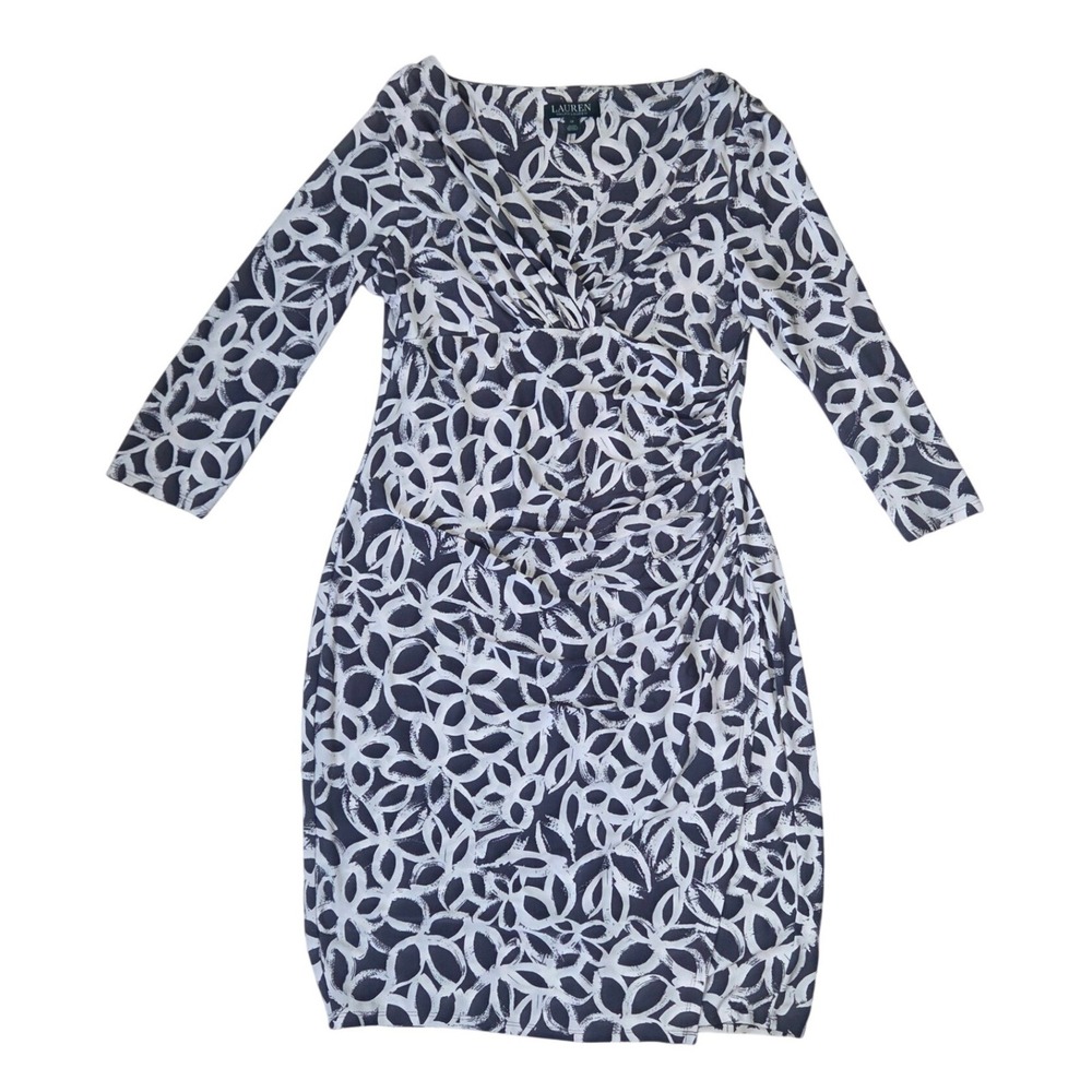 Lauren Ralph Lauren Geometric Office Siren Faux Wrap Dress Size 12 3/4 Sleeve